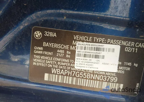 2011 BMW 328I из США, поврежденный, VIN WBAPH7G55BNN03799